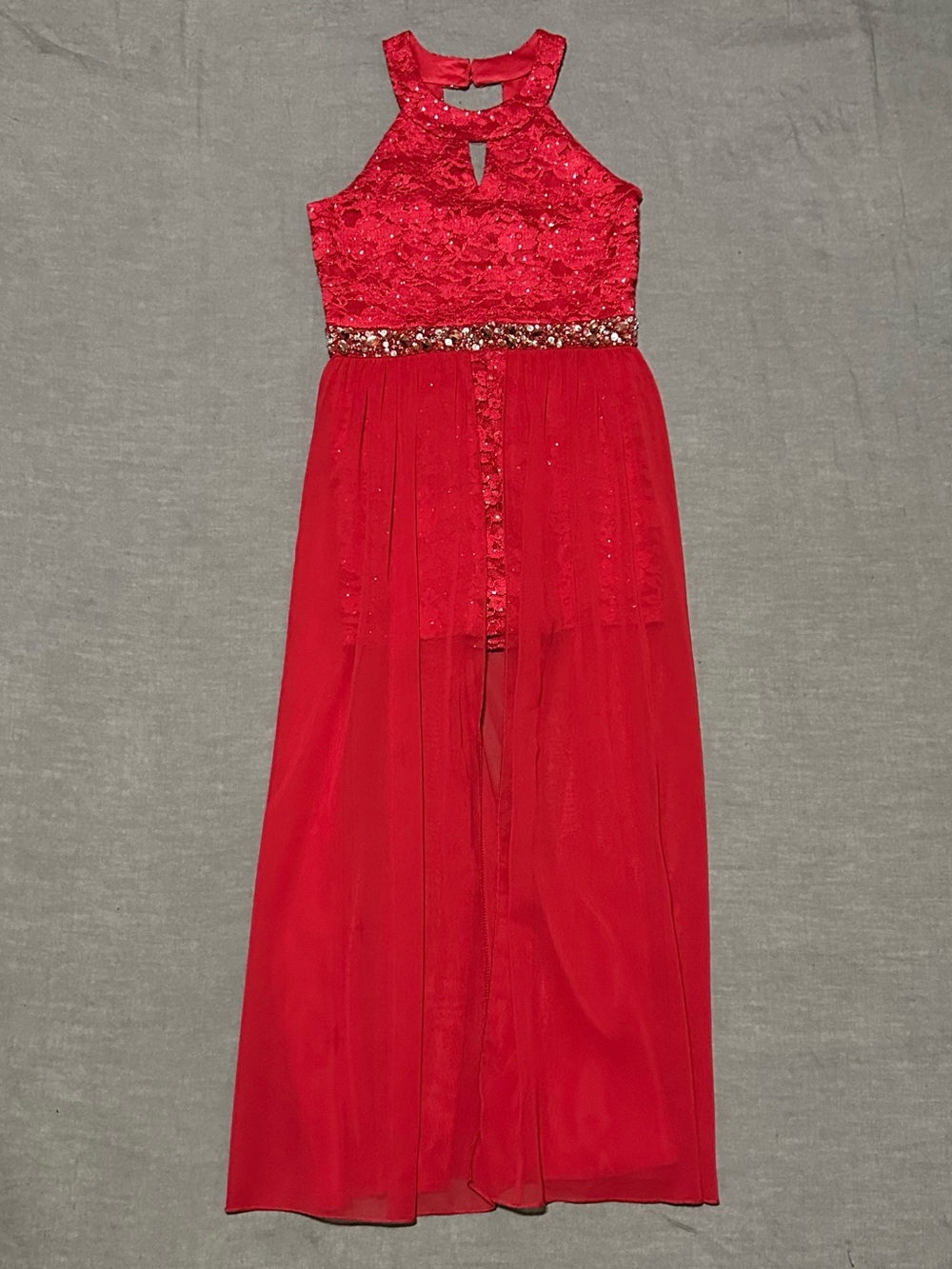 Speechless Red Lace Halter Romper Dress with Sequin Waistband